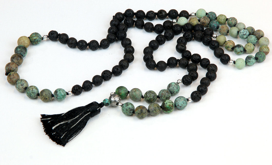African Turquoise Jasper, Lava, Sterling Sliver Spacers 108 Bead Mala